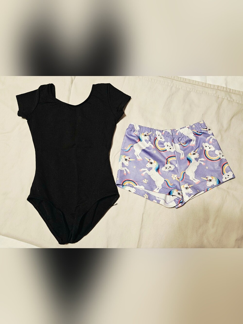 Girls Size Small Gymnastics Set | Black  Leotard + Purple Unicorn Rainbow Shorts